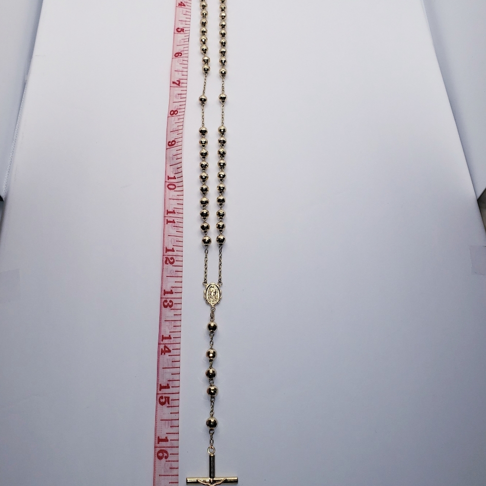 14K Solid Gold 6mm Bead Ball Rosary Necklace 26" Guadalupe Rosario Collar Oro - Picture 13 of 16
